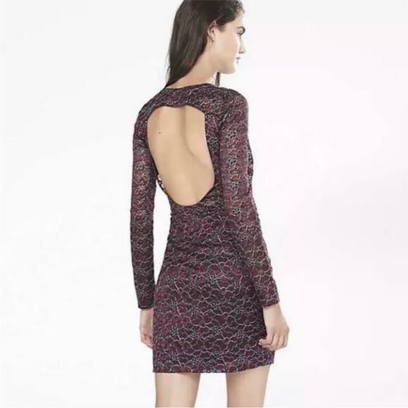Express Floral Metallic Lace Long Sleeve Dress Purple Womens Sz M Party Preppy - Picture 3 of 12